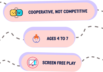 Features: Cooperative, Not Competitive; Ages 4 to 7; Screen Free Play